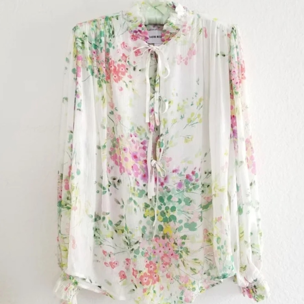 Anthropologie White Floral Tie-Front Blouse - Picture 11 of 13
